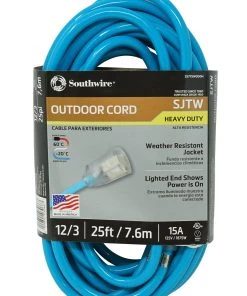 Southwire 25ft, 12/3 SJTW Cool Blue Extension Cord W/Lighted End, Model 2577SW000H