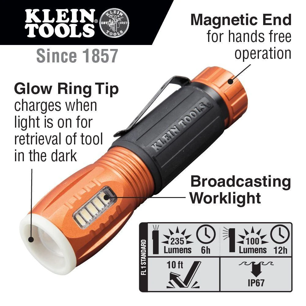 Klein Tools LED Flashlight with Worklight, Model 56028 Klein Tools LED Flashlight With Worklight, Model 56028 -Leviton Store 56028 callout