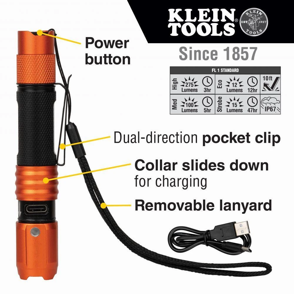 Klein Tools Rechargeable Waterproof LED Pocket Light with Lanyard, Model 56411* Klein Tools Rechargeable Waterproof LED Pocket Light With Lanyard, Model 56411* -Leviton Store 56411 callout1