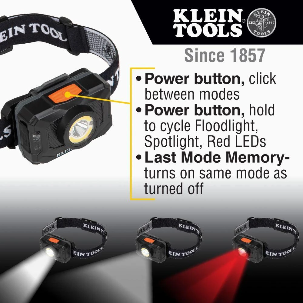 Klein Tools Rechargeable 2-Color LED Headlamp with Fabric Strap, Model 56414 Klein Tools Rechargeable 2-Color LED Headlamp With Fabric Strap, Model 56414 -Leviton Store 56414 callout3