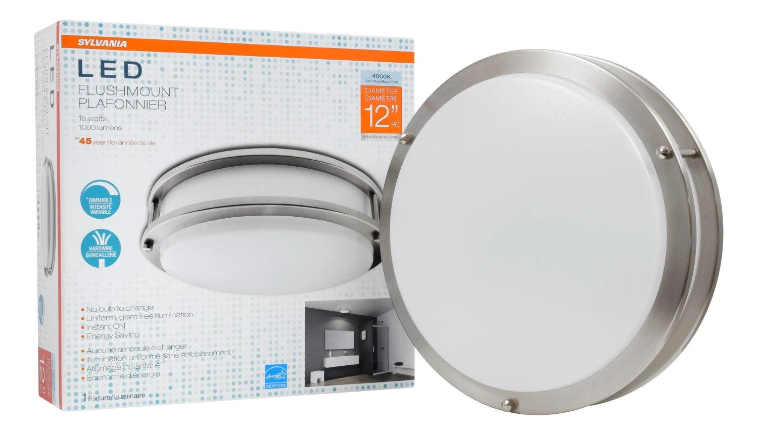 Sylvania 12 inch LED Round Flush Mount Luminaire 15 W, Bright White 4000K, Model LEDFLUSHRND12I$12 LEDVANCE Sylvania 12 Inch LED Round Flush Mount Luminaire 15 W, Bright White 4000K, Model LEDFLUSHRND12I$12 -Leviton Store 71406 bb Beauty Shot