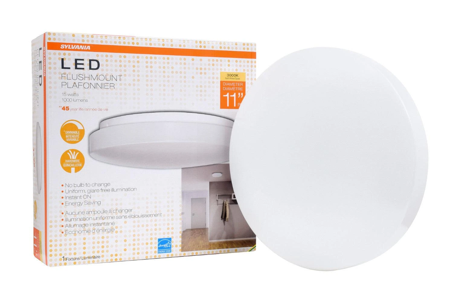 Sylvania 11 inch LED Drum Flush Luminaire 15W, Soft White 3000K, Model LEDFLUSHDRM11IN15 LEDVANCE Sylvania 11 Inch LED Drum Flush Luminaire 15W, Soft White 3000K, Model LEDFLUSHDRM11IN15 -Leviton Store 71500 bb Beauty Shot