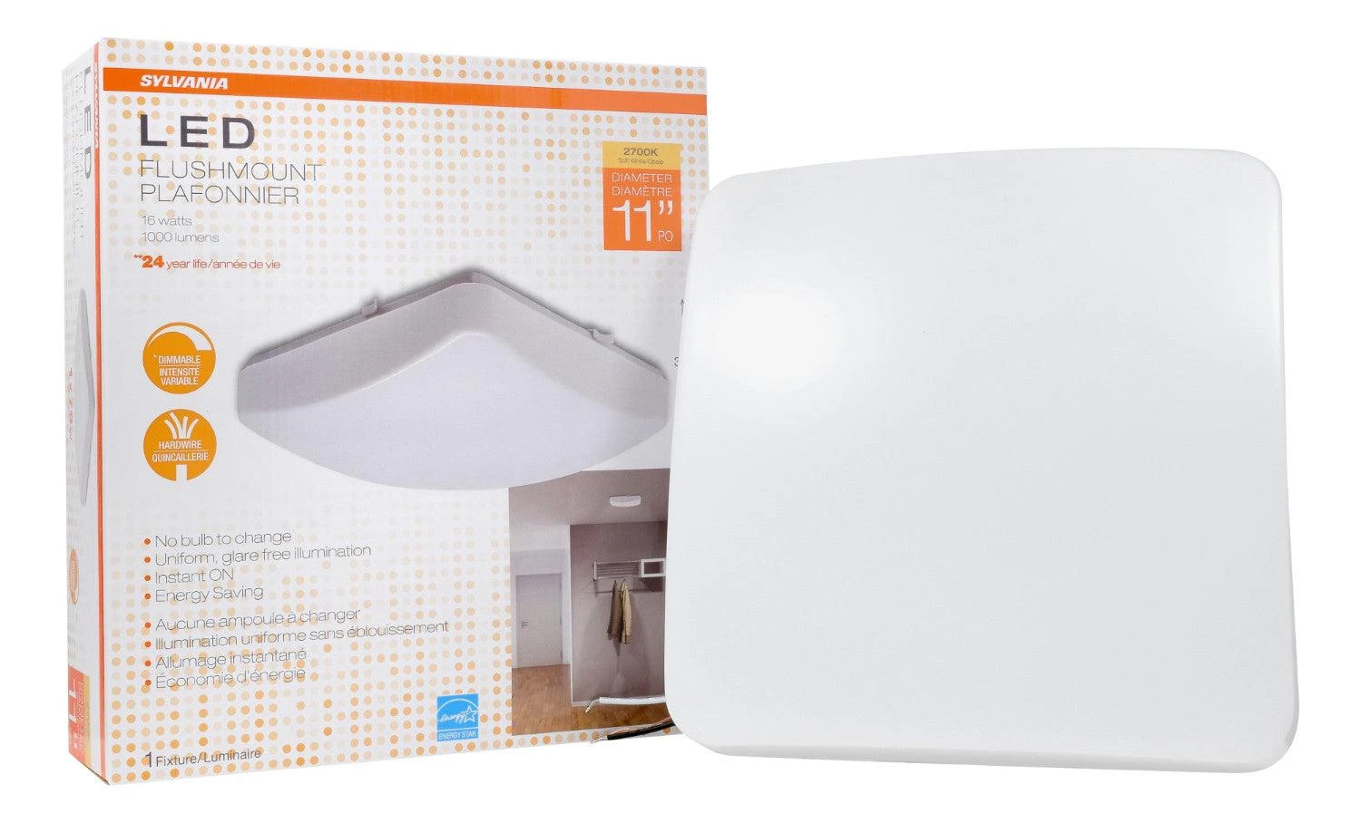 Sylvania 11 inch LED Square Flush Mount Luminaire 17.5W, Warm White 2700K, Model LEDFLUSHSQ11DIM27 LEDVANCE Sylvania 11 Inch LED Square Flush Mount Luminaire 17.5W, Warm White 2700K, Model LEDFLUSHSQ11DIM27 -Leviton Store 74303 bb Beauty Shot