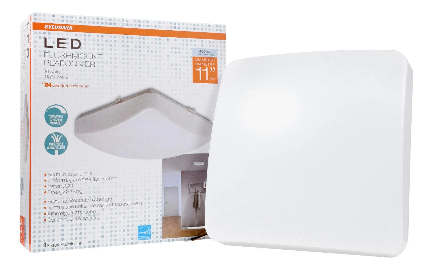 Sylvania 11 inch LED Square Flush Mount Luminaire 17.5W, Bright White 4000K, Model 74304 LEDVANCE Sylvania 11 Inch LED Square Flush Mount Luminaire 17.5W, Bright White 4000K, Model 74304 -Leviton Store 74304 bb Beauty Shot