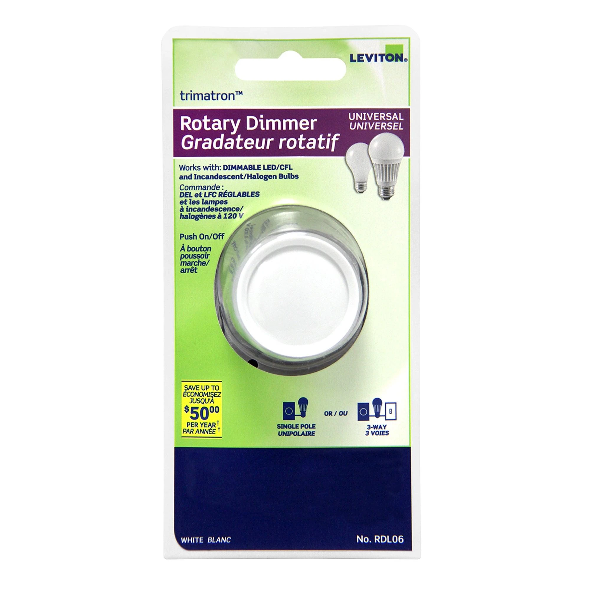 Leviton Single Pole, 3-Way Rotary Dimmer, Model RDL06742 Leviton Single Pole, 3-Way Rotary Dimmer, Model RDL06742 -Leviton Store RDL06 742 pkg