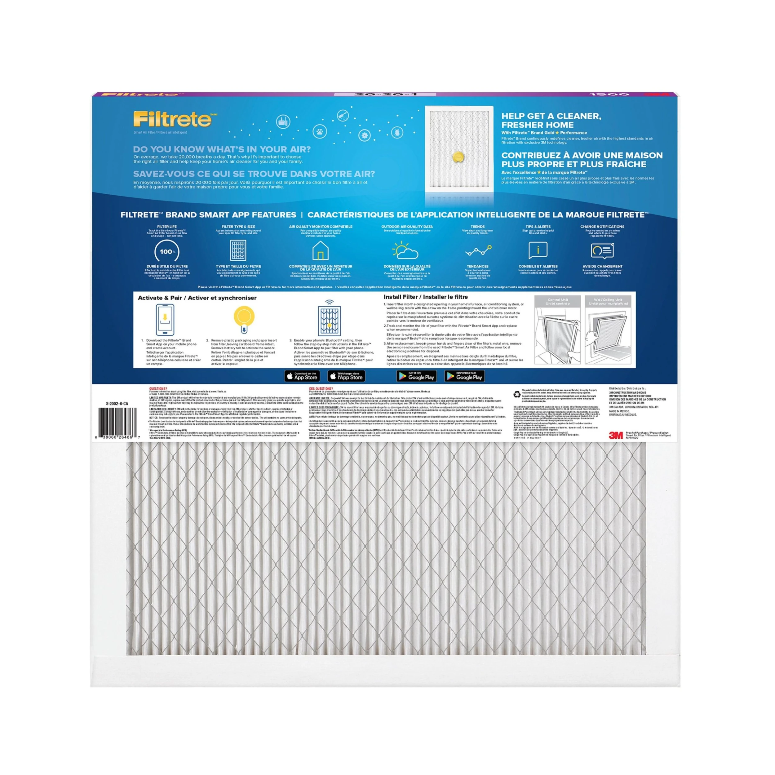 3M Canada 3M Filtrete Smart Allergen, Bacteria & Virus Filter, Model MPR 1500, 20x20x1 In - Image 2