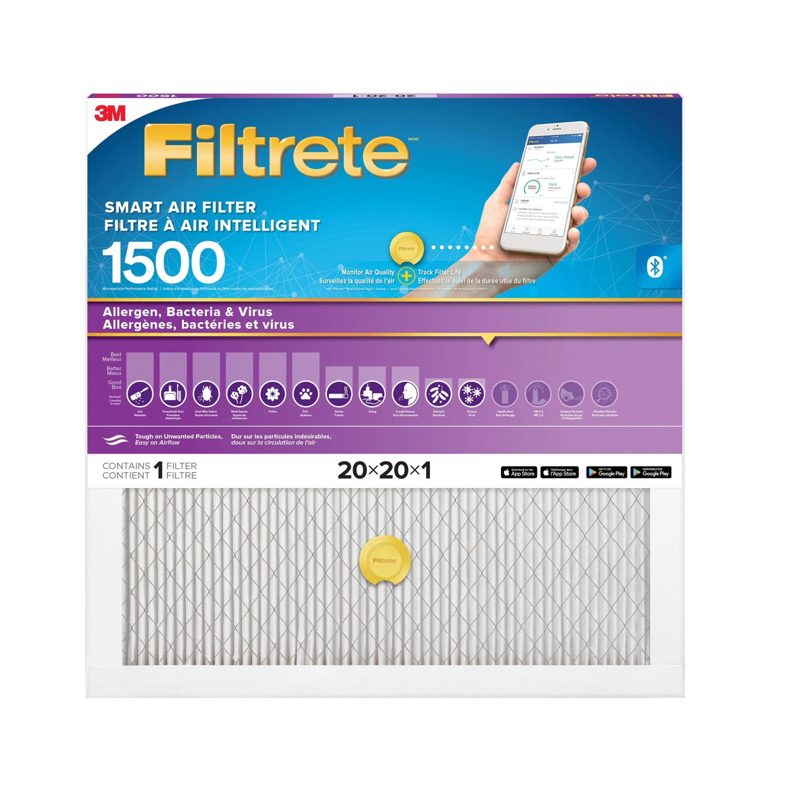 3M Canada 3M Filtrete Smart Allergen, Bacteria & Virus Filter, Model MPR 1500, 20x20x1 In
