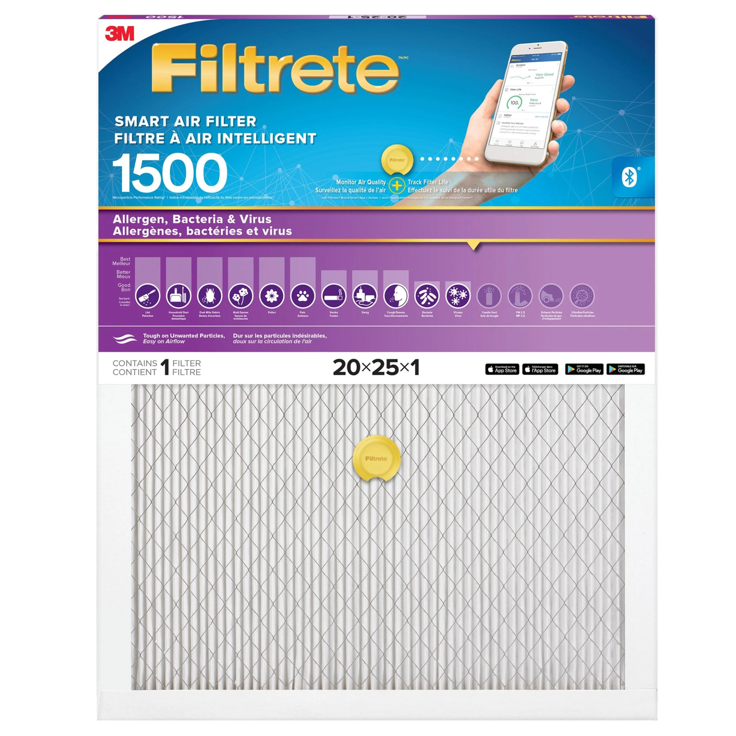 3M Canada 3M Filtrete Smart Allergen, Bacteria & Virus Filter, Model MPR 1500 20x25x1 In