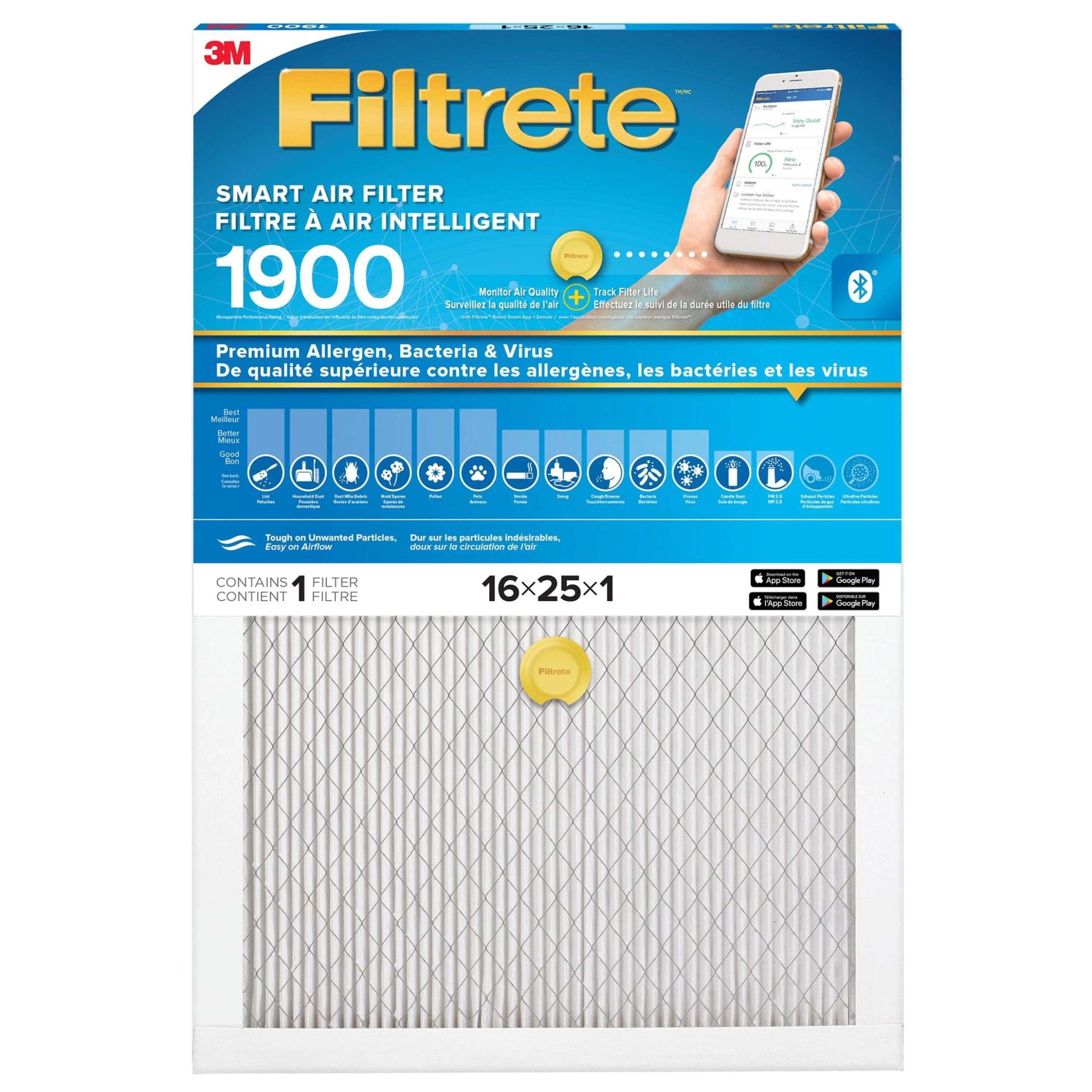 3M Canada 3M Filtrete Smart Premium Allergen, Bacteria & Virus Filter, Model MPR 1900, 16x25x1 In